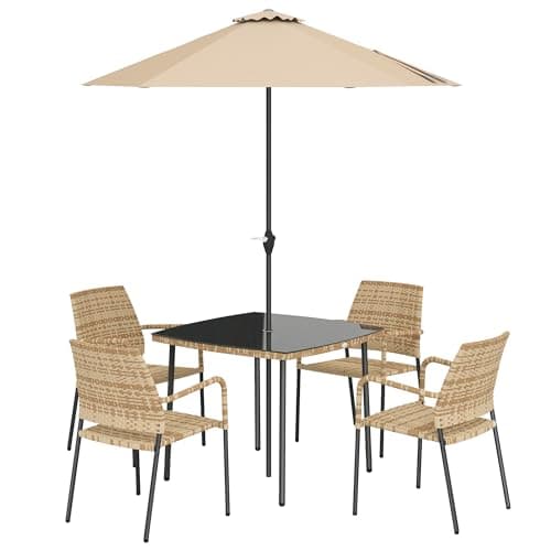 Image of Outsunny 4 Seater Rattan Dining Set with Parasol, 6 Piece Garden Table and Stackable Chairs with Tempered Glass Tabletop, All-Weather Outdoor Rattan Furniture Set for Patio, Light Brown