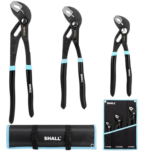 Image of SHALL 3-Piece Groove Joint Pliers Set (12, 9-1/2, 7 Inch), Push-Lock Water Pump Pliers in Cr-v Steel, Fast Adjustable Tongue and Groove Pliers with Tool Roll Bag for Home Repair & Plumbing