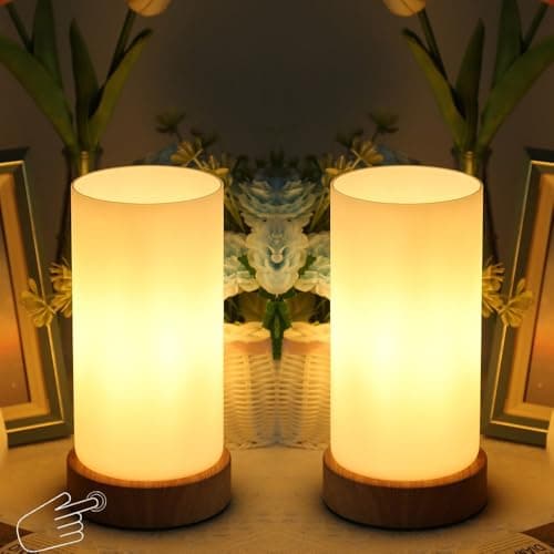 Image of HSLighting Bedside Lamp Touch Control Table Lamp with Wooden Base Milky Glass Shade 3-Level Dimmable LED Light Bulbs Desk Lamp Minimalist for Bedroom Living Room Children's Room Round, 2 Pack