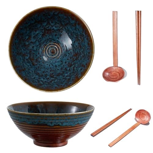 Image of Yuecda 8 Inch Ceramic Ramen Bowl Set of 2, 40oz Japanese Bowls with Spoons & Chopsticks,Durable,Microwave & Dishwasher Safe,Perfect for Ramen,Pho,Salad,Soup,Noodles,Mixing Bowls
