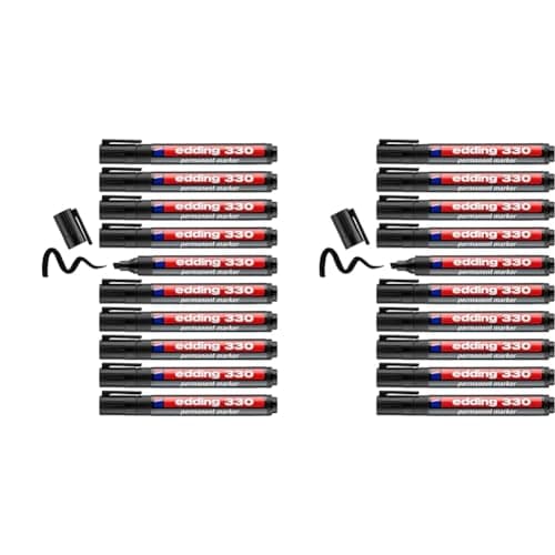 Image of edding 330 permanent marker - black - 10 pens - chisel tip 1-5 mm - waterproof, quick-drying, smear-proof pens - for cardboard, plastic, glass, wood, metal and fabric (Pack of 2)