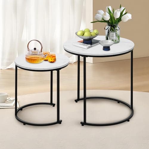 Image of Alivio Set of 2 Round Coffee Table, Modern Nesting Tables with Wooden Top (Pack of 2, White)