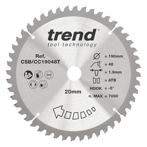 Image of Trend Wood Cordless Mitre Saw Blade, 190mm Diameter, 20mm Bore, 48 Teeth, 1.9mm Kerf, -5° Hook, TCT, Fine Finish, CSB/CC19048T
