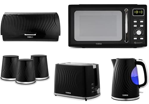 Image of Tower Sonar Black 1.7L 3KW Kettle, 2 Slice Toaster, Bread Bin, Tea, Coffee, Sugar Canisters and T24041BLK 800W 20L Digital Microwave. Stylish Matching Kitchen Set of 7 in Black