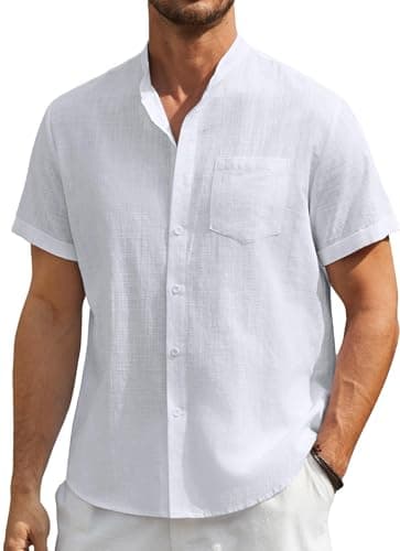 Image of Enlision Mens White Linen Shirts Short Sleeve Grandad Collar Shirt for Men Summer Casual Collarless Henley Top Button Down for Wedding Beach Holiday XXL