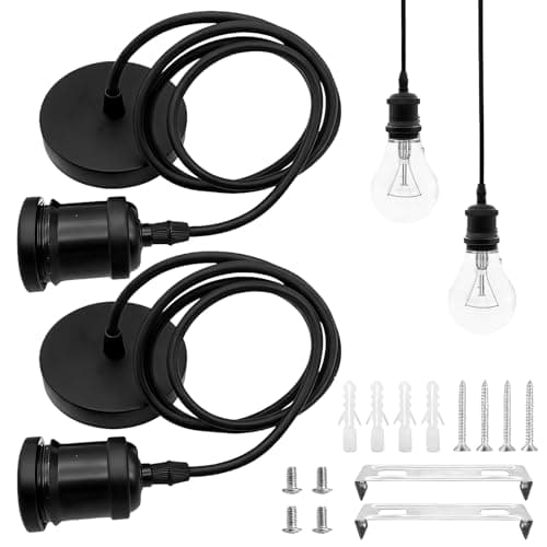 Image of PRITOK 2 Pack Black Pendant Light Fitting with 100cm Flex Cable: E27 Industrial Style Black Ceiling Rose, E27 Lamp Holders, Vintage Style Ceiling Pendant Fitting for Living Room, Hallway, Kitchen