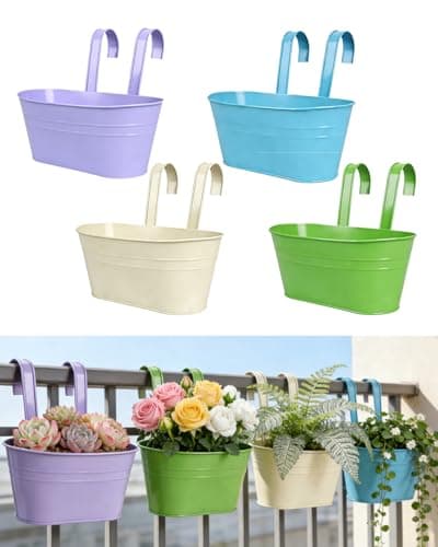Image of Evolpor 4Pcs Metal Iron Hanging Flower Pots, Fence Hanging Planters with Drainage Holes and Detachable Hooks, Hanging Bucket Planters for Balcony Fence Patio Garden Indoor Outdoor Home Decor