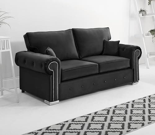 Image of Sofahub Olympic Black Plush Velvet 3 Seater Sofa | Luxury Modern Sofa with Deep Button Detailing & Foam Cushions | Fullback | Sturdy Wooden Frame (Black, 3 Seater)
