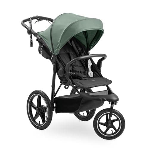 Image of Hauck Runner 3 Jungle Green – 3 Wheel Baby Stroller with Large Air Wheels, Suspension, Handbrake, XL Canopy, Mesh Window, Lid Basket, Tilt, Cup Holder, Newborn to 22 kg