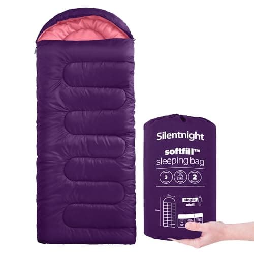 Image of Silentnight Sleeping Bag for Adults - 3 Season Lightweight Soft Thick Cosy Warm Mummy Sleeping Bag for Spring Summer Camping Hiking Outdoor Travel for Warm and Cold Weather - Purple