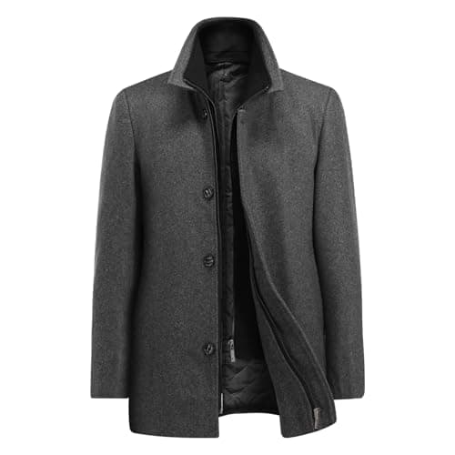 Image of Allthemen Mens Winter Wool Trench Coat Removable Double Collar Casual Peacoat Mid Length Overcoat Regular Fit Grey L