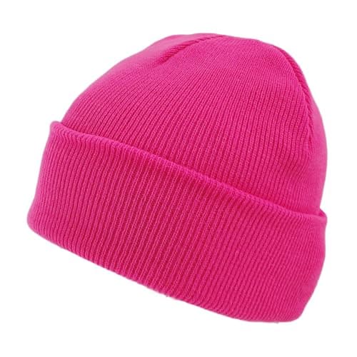 Image of Komonee Beanie Hat Plain Neon Pink Soft Comfortable Casual for Men Women Warm Knitted Winter Woolly Skully Ski Headwear Stretchy Thermal Unisex Cap Perfect for Daily Wear Outdoor Sports