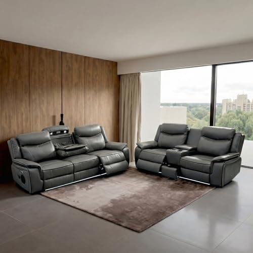 Image of Pradaa Leather Electric Recliner Sofa Set With Cupholders – 3+2 Seater Sofa Set – LED Lights – Bluetooth Speakers – Cooling cupholders – USB and Type-C charging ports (3+2 Seater, Grey)