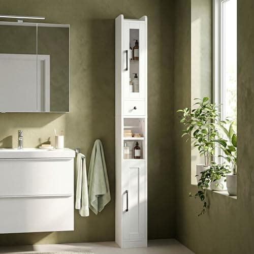 Image of IRONCK Tall Bathroom Cabinet, 180cm Slim Bathroom Storage Unit with Drawer, Adjustable Shelves & Toilet Paper Holder, Freestanding Slim Cupboard for Small Spaces, White (20×20×180cm)