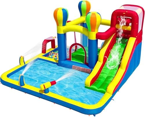 Image of Ballsea Bouncy Castle, Inflatable Bounce House Water Slide with Surprise Dump Bucket, Double Splashing Pools, Climbing Wall, Water Sprayers, Cannons and Blower for Kids Outdoor Indoor Play