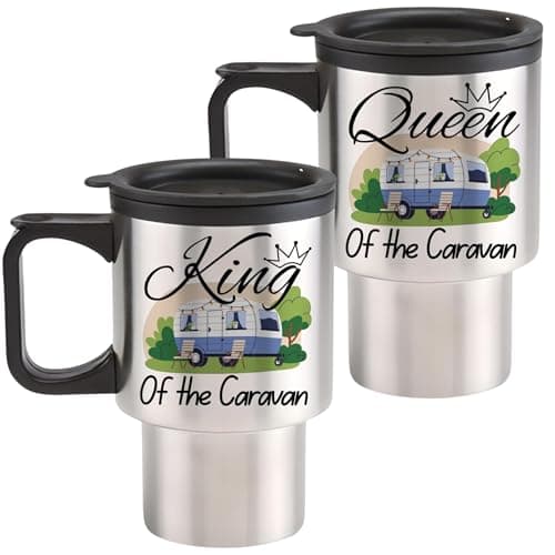 Image of Coupls Caravan Travel Mug Set King and Queen of The Caravan Travel Mugs Set of 2