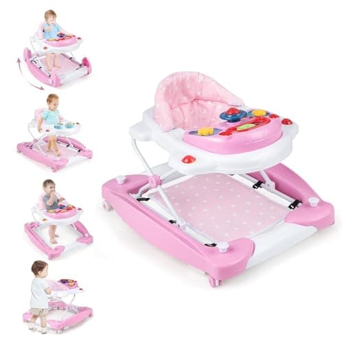 Image of Baby Walker, 6 in 1 Behind Walker Learning Seated Rocker Bouncer with Removable Music Tray, Adjustable Height, Washable Seat Cushion, Foldable Activity Center for Toddlers (Pink)