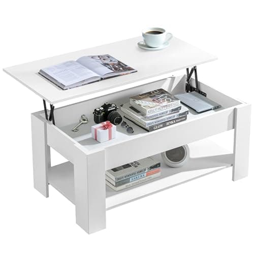 Image of Coffee Table With Storage, Lift Up Coffee Tables For Living Room, Wooden Coffee Table With 1 Shelf Large Hidden Storage Rectangular Lift-Top Tea Table for Home Furniture White 100L x 50W x (42-57)H cm