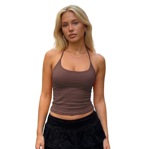 Image of YILEEGOO Women Y2K Tie-up Halter Tank Tops Slim Fit Solid Color Scoop Neck Open Back Crop Vest Trendy Summer Top Aesthetic (Light Brown, S)