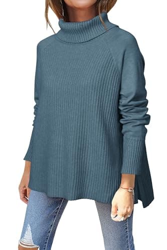 Image of Newshows Women's Turtleneck Jumpers Ladies Oversized Knitted Chunky Side Split Pullover Sweaters Tops Blue,XXL