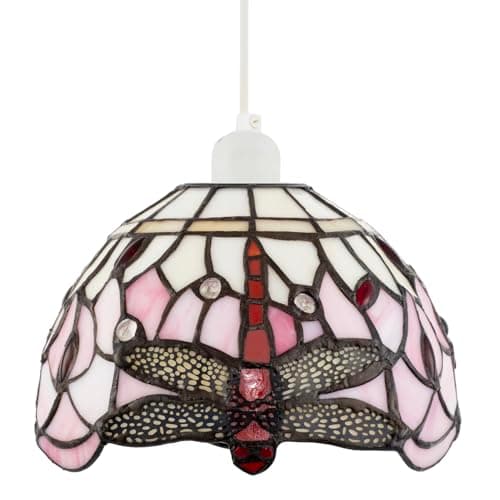Image of Traditional Pale Pink and White Stained Glass Dragonfly Tiffany Pendant Lighting Shade | 20cm x 14cm | 40w Maximum by Happy Homewares