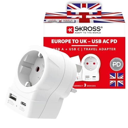 Image of SKROSS Europe to UK USB AC20PD Travel Adapter, With 1 USB Type C And 1 USB Type A Port, Fast Charging, Power Delivery, Shock Protection