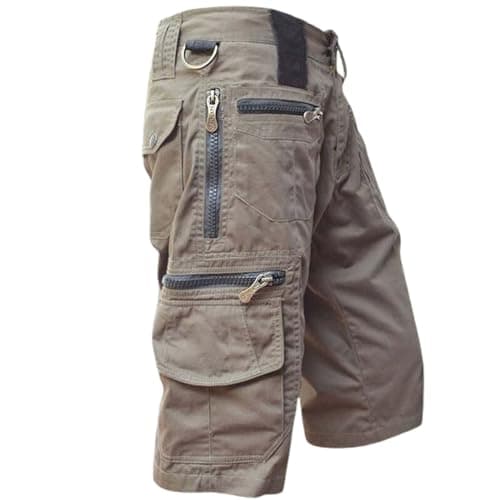 Image of Multi Zipper Pockets Cargo Shorts for Men Hiking Knee Length Shorts Men Relaxed Fit-Trendy Military Below Knee Capri Pants Outdoor Workout Combat Mens Clothes Summer Lightweight Lounge Pants Brown
