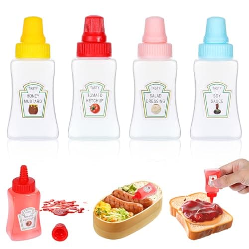 Image of Gjinxi 4pcs Mini Ketchup Bottles, 25ml Spice Squeeze Bottles Mini with Sturdy Screw Cap, Portable Soy Honey Sauce Salad Dressing Dispensers Containers Small Sauce Containers for Adult Lunch Box