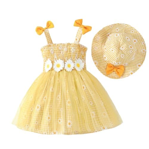 Image of QUNERY Toddler Baby Girl Summer Dress Sleeveless Floral Sundress With Cute Hat Infant Girls Clothes Dresses Yellow 2-3years