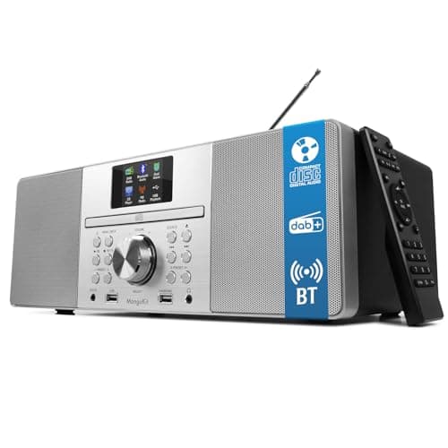 Image of MangoKit MS1 CD Player with DAB/DAB+ FM Radio, Bluetooth, Stereo HiFi System, Full Colour Display, 60 Presets, Remote, Acoustic Wooden Cabinet, AUX in, USB Playback & Charging, HP Jack, Black