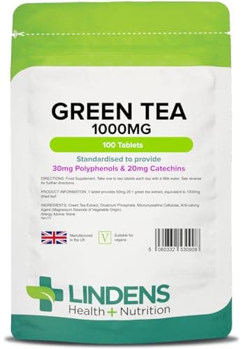 Image of Lindens - Green Tea 1000mg, 100 Tablets - UK Made - Standardised to Provide 120mg Polyphenols and 80mg Catechins - Green Tea Extract, 2,000mg Daily Intake - Letterbox Friendly, Vegan