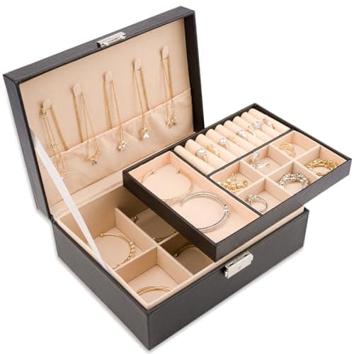 Image of Meschett 2 Layer Jewelry Box,PU Leather Jewelry Holder Organizer with Lock and Removable Tray,Jewelry Organizer for Rings Earrings Necklaces Bracelets,Jewelry Boxes for Women,Black