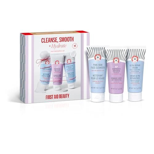 Image of First Aid Beauty Cleanse, Smooth & Hydrate - Mini Best Sellers - 3 Favourites - Pure Skin Face Cleanser | KP Bump Eraser Body Srub with 10% AHA | Ultra Repair Cream, 56.7g