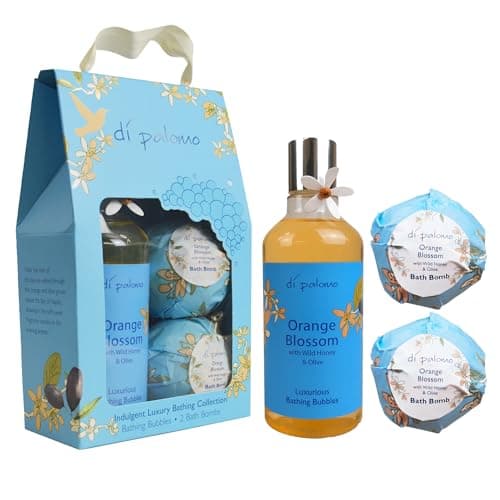 Image of Di Palomo Orange Blossom & Honey Indulgent Luxury Bathing Collection. Bathing Bubbles 300ml & 2 Bath Bombs. Bubble Bath Body Wash & Bath Bomb Bath Set. Bubble Bath & Shower Gel Gifts for Women.
