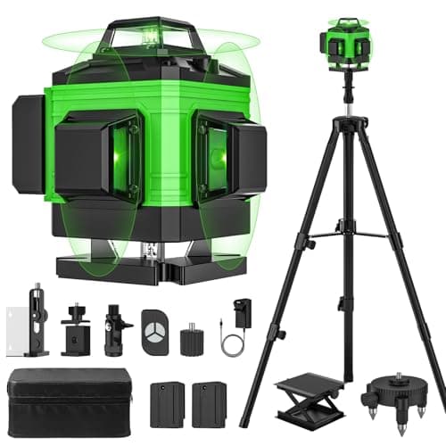 Image of Laser Level Self Leveling 4 x 360°, 4D 16 Lines Green Professional Laser Level with 2 x 2400mAh Batteries, Adjustable Brightness Pulse Mode, Swivel Base Remote Control Wall Bracket (with Tripod Base)