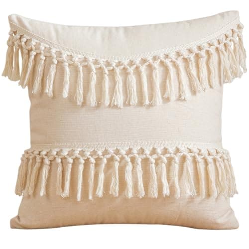 Image of BEAMARKER Boho Decorative Throw Pillow Cover 18x18 Inch Cozy Bohemian Macrame Cushion Cover Square White Cotton Pillow Case with Tassels for Couch Sofa Bed Bench Car Farmhouse Home Decor