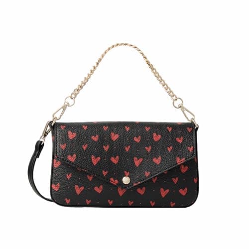 Image of Fiorelli Women's Lacy Chain Crossbody, Stylish & Versatile Handbag with Adjustable Straps, Black Faux Leather with Heart Print