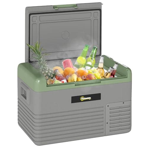 Image of Outsunny 30L Car Refrigerator, Portable Compressor Car Fridge Freezer, Electric Cooler Box with 12/24V DC and 110-240V AC for Camping, Driving, Picnic, Down to -20℃, Light Green and Grey