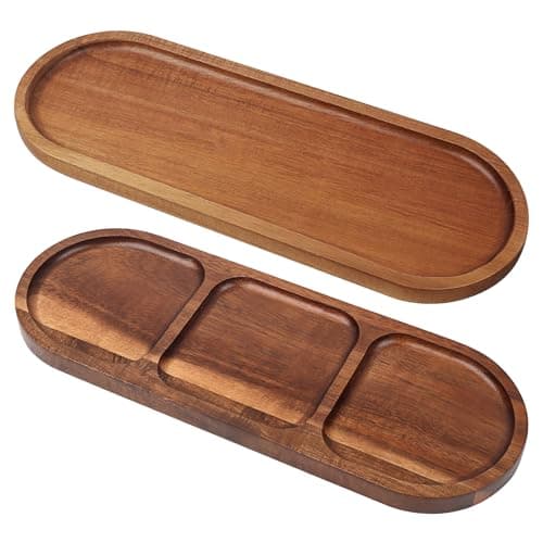 Image of Muzhu 2-Pack Wood Serving Trays: Oval 29x10.8cm Solid Natural Wood Platters (1 Divided & 1 Plain) with Edge Design, Ideal for Dessert, Snack, Fruit, Appetizer, Cheese, Bread & Food Serving in Kitchen