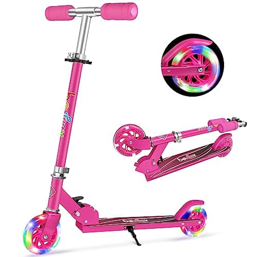 Image of BELEEV Kids Scooter, 2-Wheel Folding Kick Scooter for Girls & Boys, 3 Adjustable Heights, Flashing Light-Up Wheels, Lightweight with Sturdy Frame, Kickstand, Age 3-12 (Hot Pink)