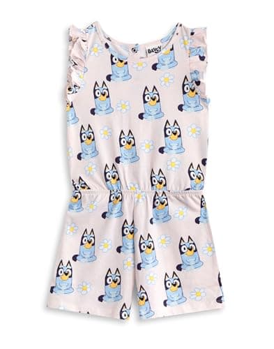 Image of Bluey Girls Light Pink Sleeveless Playsuit | Floral Crew Neck Outfit with Ruffle Detail & Pockets | Casual Summer Wear Bingo Character Design | Comfortable Kids Apparel - 3-4 Years