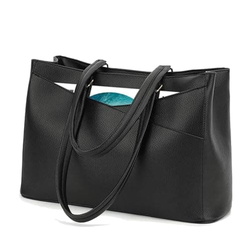 Image of HiRiley Laptop Tote Bag for Women 15.6 Inch, Large Vegan Leather Work Handbag with Padded Laptop Compartment, Structured Water-Resistant Shoulder Bag for Office, Teacher, Business, Commuter Black