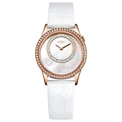 Image of Rotary Women's Quartz Watch with Mother Of Pearl Dial Analogue Display and White Leather Strap LS00654/07
