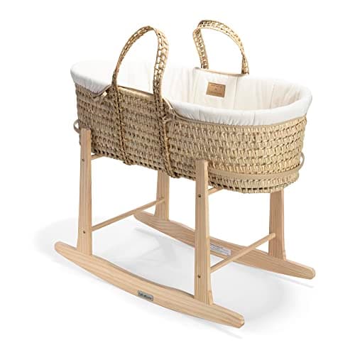 Image of Clair de Lune Organic Palm Moses Basket with Natural Rocking Stand, Award Winning Baby Bassinet 75 x 28 cm (Natural Cream)