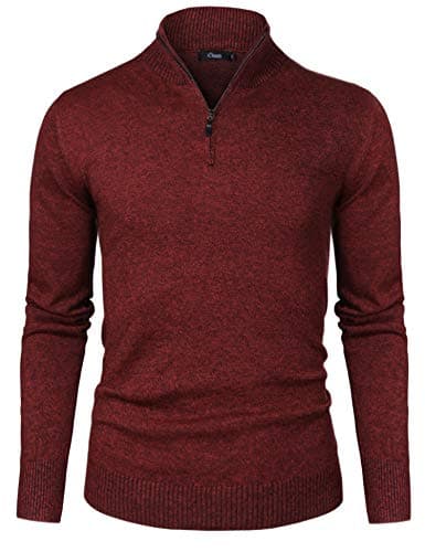 Image of iClosam Men’s Quarter Zip Pullover Sweater Knit Jumper with Stand Up Collar Classic Long Sleeve Casual Winter Knitwear Red