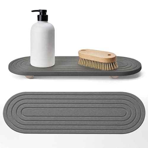 Image of Odetina Diatomaceous Stone Sink Tray, Quick Drying Water Absorbing Bathroom Organizer, Non Slip Draining Board with Wooden Feet for Kitchen Countertop, Bathroom (Dark gray)