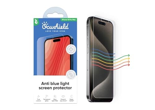 Image of Ocushield Anti Blue Light Screen Protector for iPhone 15 Pro Max (6.7") - 9H Tempered Glass Filter Blocks UV & Blue Light, Anti-Bacterial, Designed by UK Optometrists