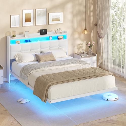 Image of AOGLLATI 4ft6 Floating Double Bed Frame 135×190CM with LED Lights & Charging Station, Metal Platform Bed frame with Upholstered Headboard, Easy Assembly,Noise Free,No Box Spring Needed,Off-white PU