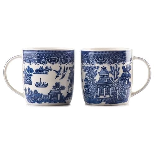 Image of UNIQUE HOME LIVING Blue Willow Barrel Mugs Set of 2, 340ml Bone China Coffee Mug Oriental Style Coffee Cups with Handle for Milk Tea Hot Cocoa (9 x 8.5cm)