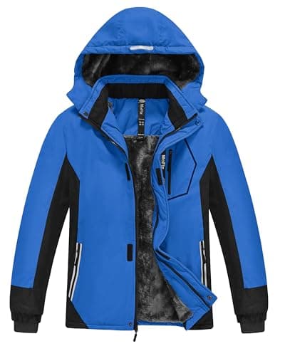 Image of MoFiz Boy's Waterproof Sking Snow Jacket Hooded Fleece Lined Winter Coats Windproof Outdoor Softshell Jacket Kids 14-16 Years Black L